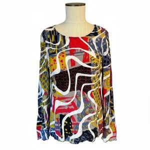 Chalet Et Ceci Abstract Print Lightweight Crinkle Long Sleeve Retro Blouse Sz M
